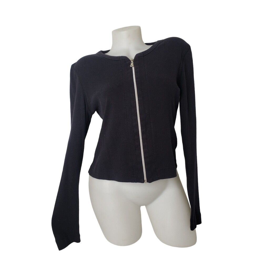 MODA International Long Sleeve Zip Front Black T Shirt Size Large